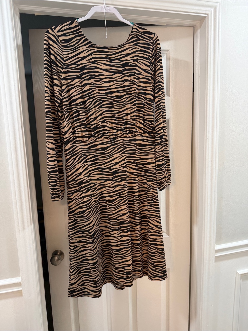LOFT Beige and Black Zebra-Stripe Long Sleeve Dress